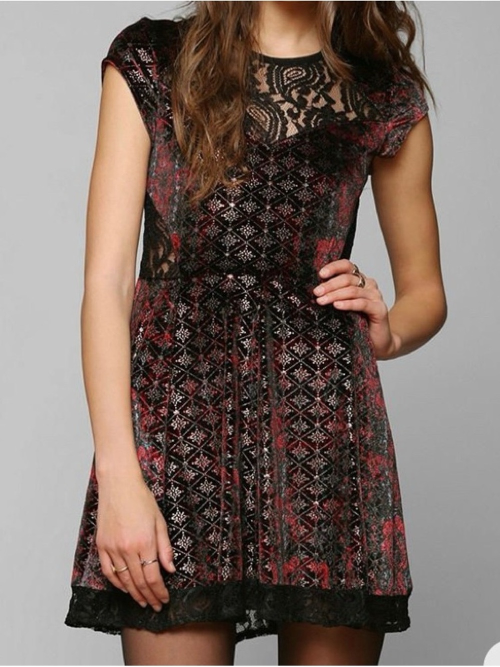 Gorgeous Urban Outfitters Ecote Black and Red Lace Trim Velvet Mini Dress